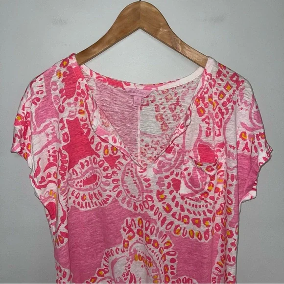 Lilly Pulitzer Duval Top Women’s Size Medium Hot Coral Trunk in‎ Love Linen - Picture 3 of 7